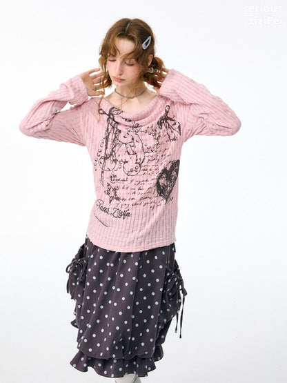 Graffiti Rabbit Pink Swaying Collar Slim Long-Sleeve Knit T-Shirt【s0000018436】
