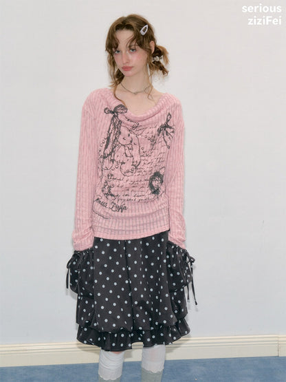 Graffiti Rabbit Pink Swaying Collar Slim Long-Sleeve Knit T-Shirt【s0000018436】