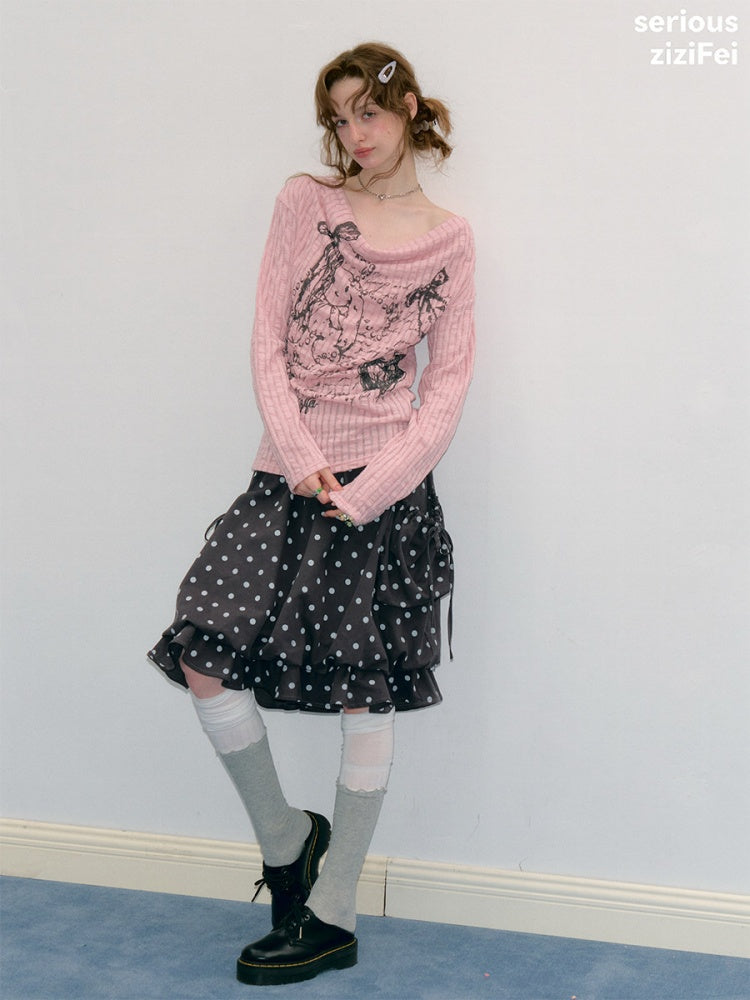 Graffiti Rabbit Pink Swaying Collar Slim Long-Sleeve Knit T-Shirt【s0000018436】