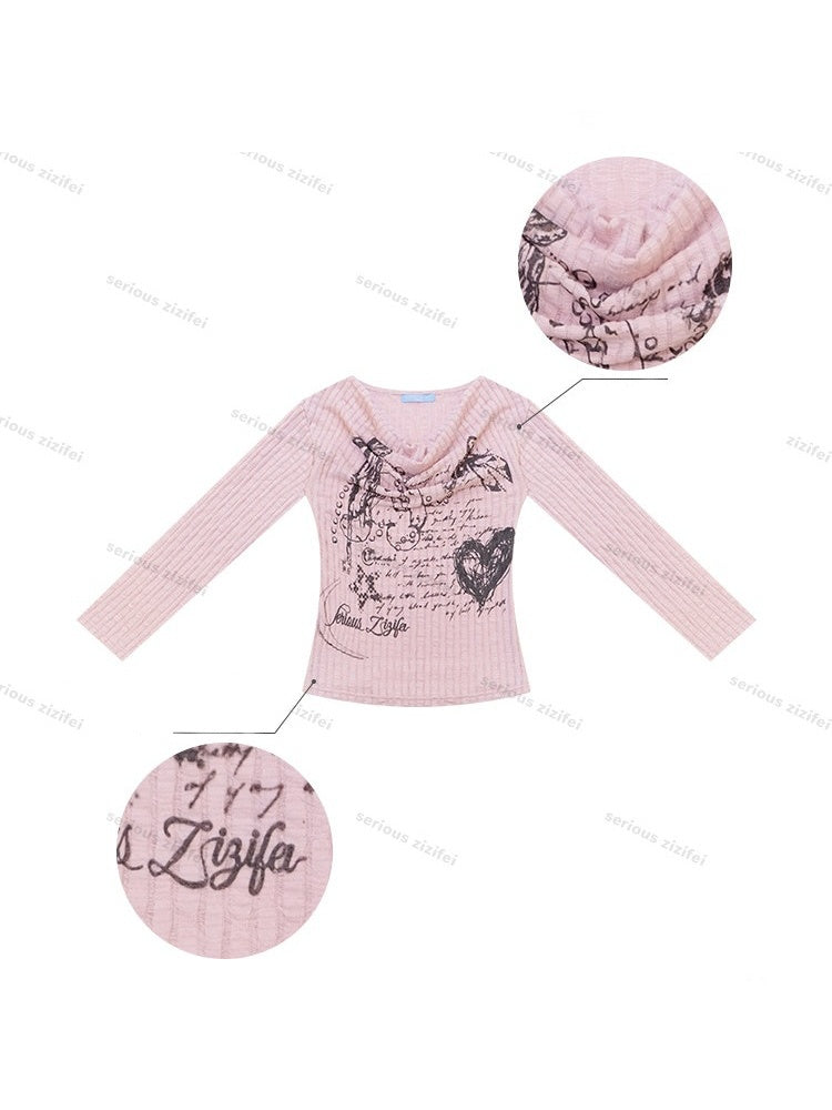 Graffiti Rabbit Pink Swaying Collar Slim Long-Sleeve Knit T-Shirt【s0000018436】