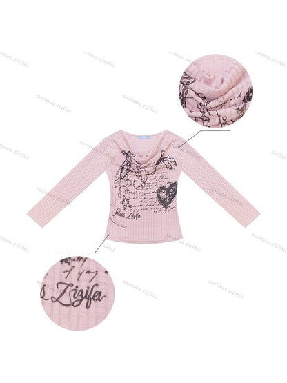 Graffiti Rabbit Pink Swaying Collar Slim Long-Sleeve Knit T-Shirt【s0000018436】