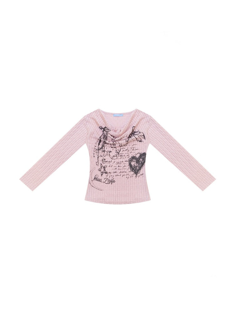 Graffiti Rabbit Pink Swaying Collar Slim Long-Sleeve Knit T-Shirt【s0000018436】