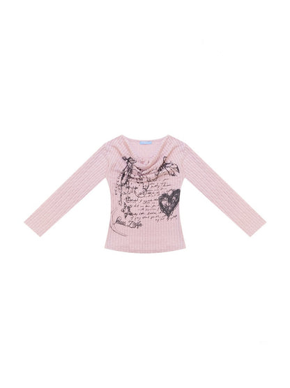 Graffiti Rabbit Pink Swaying Collar Slim Long-Sleeve Knit T-Shirt【s0000018436】