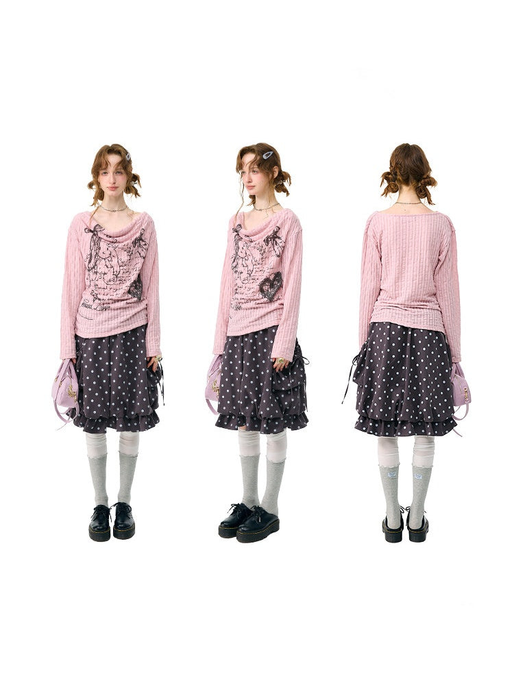 Graffiti Rabbit Pink Swaying Collar Slim Long-Sleeve Knit T-Shirt【s0000018436】