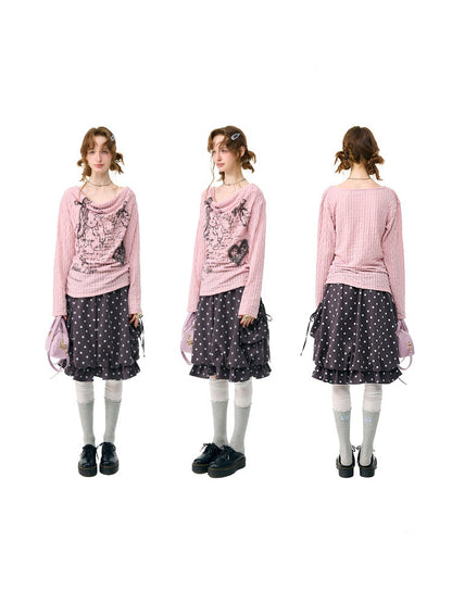 Graffiti Rabbit Pink Swaying Collar Slim Long-Sleeve Knit T-Shirt【s0000018436】
