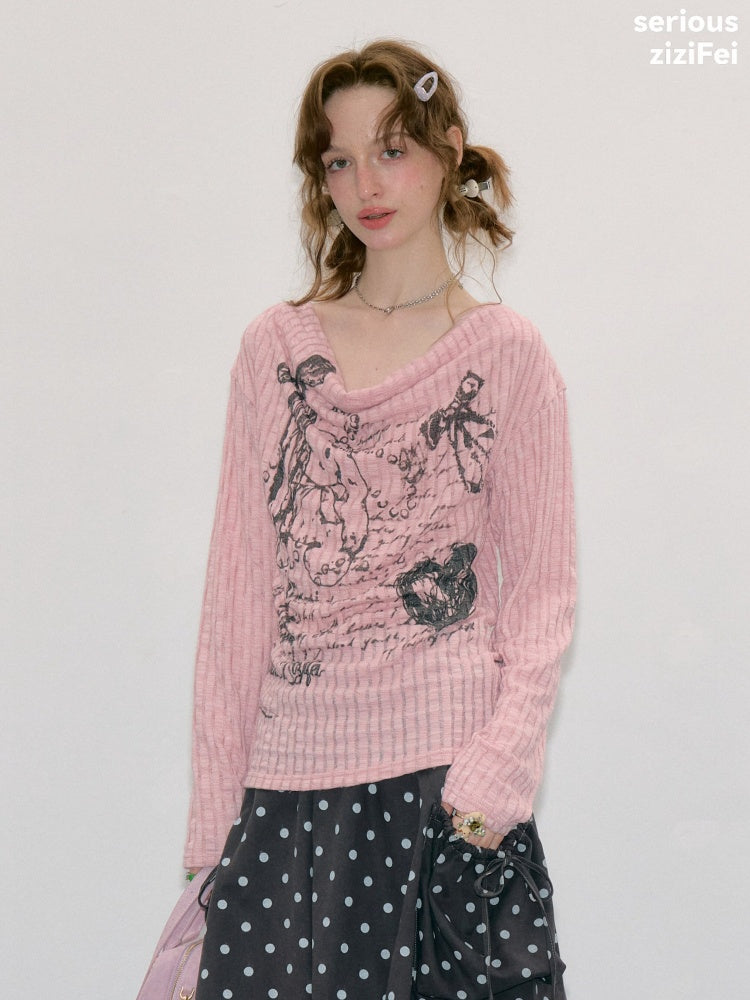 Graffiti Rabbit Pink Swaying Collar Slim Long-Sleeve Knit T-Shirt【s0000018436】