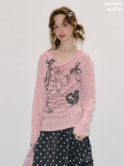 Graffiti Rabbit Pink Swaying Collar Slim Long-Sleeve Knit T-Shirt【s0000018436】