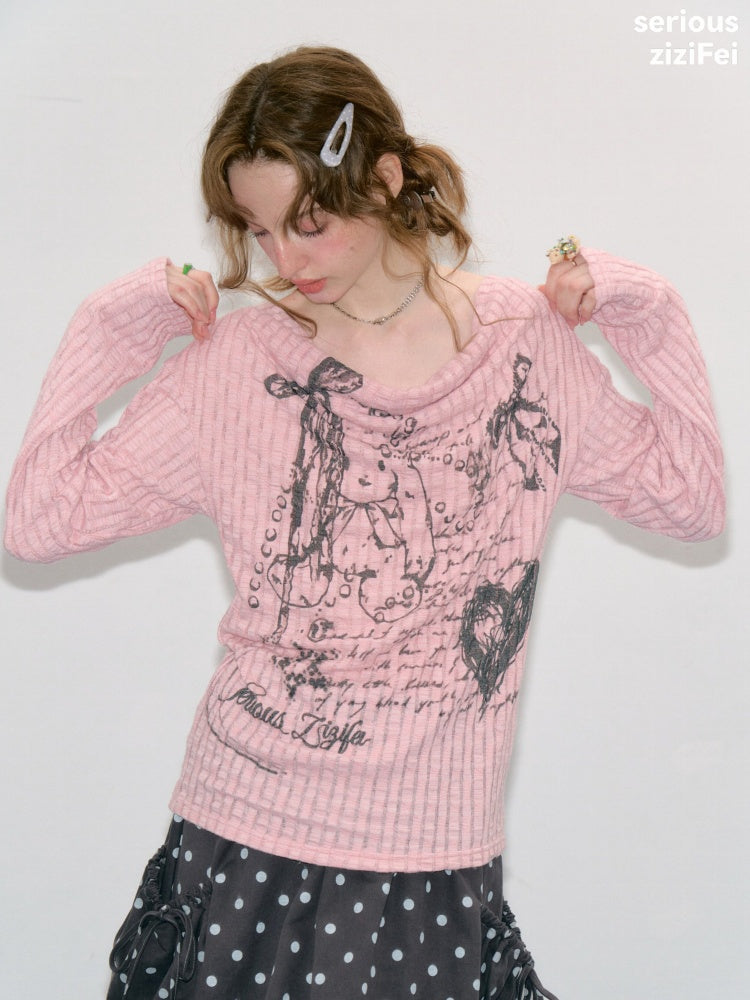Graffiti Rabbit Pink Swaying Collar Slim Long-Sleeve Knit T-Shirt【s0000018436】