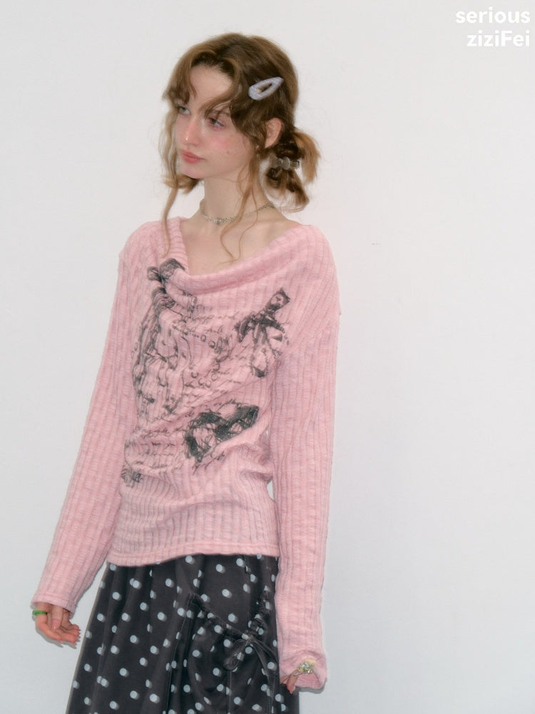 Graffiti Rabbit Pink Swaying Collar Slim Long-Sleeve Knit T-Shirt【s0000018436】