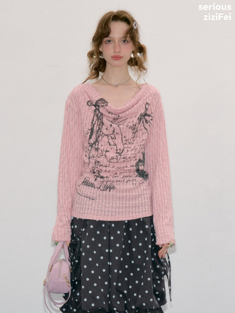Graffiti Rabbit Pink Swaying Collar Slim Long-Sleeve Knit T-Shirt【s0000018436】
