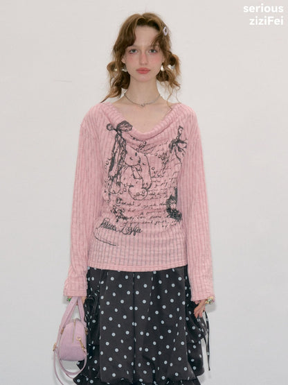 Graffiti Rabbit Pink Swaying Collar Slim Long-Sleeve Knit T-Shirt【s0000018436】