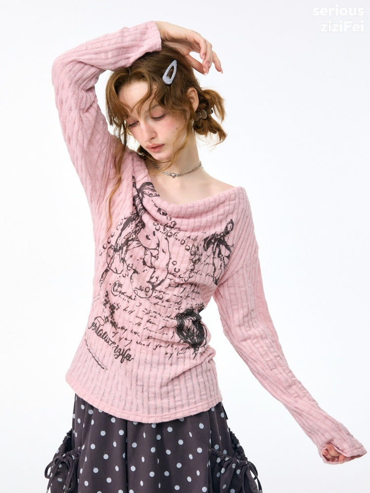 Graffiti Rabbit Pink Swaying Collar Slim Long-Sleeve Knit T-Shirt【s0000018436】