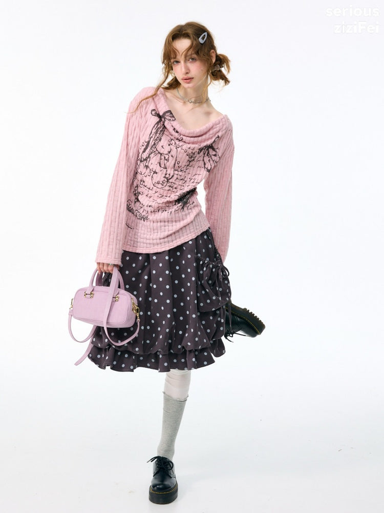 Graffiti Rabbit Pink Swaying Collar Slim Long-Sleeve Knit T-Shirt【s0000018436】