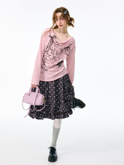Graffiti Rabbit Pink Swaying Collar Slim Long-Sleeve Knit T-Shirt【s0000018436】