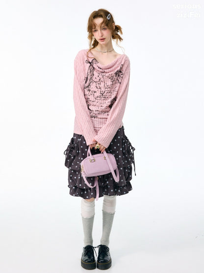 Graffiti Rabbit Pink Swaying Collar Slim Long-Sleeve Knit T-Shirt【s0000018436】