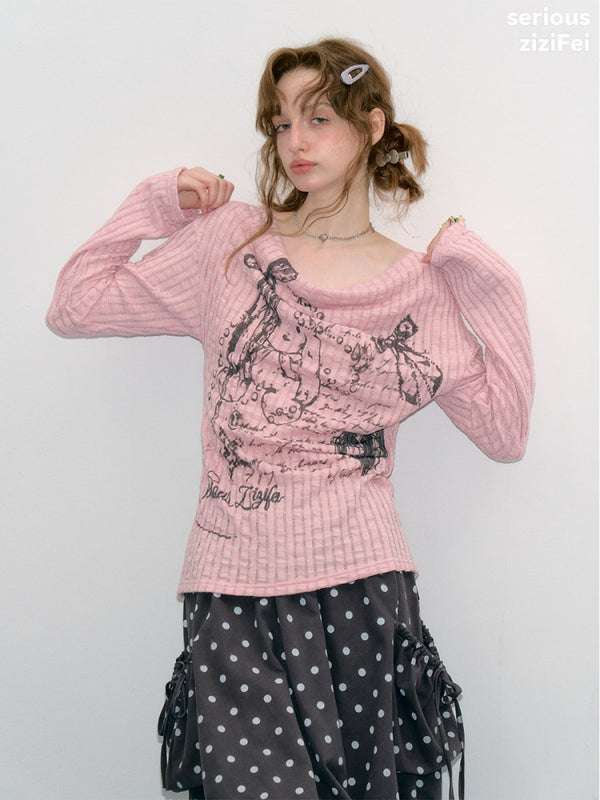 Graffiti Rabbit Pink Swaying Collar Slim Long-Sleeve Knit T-Shirt【s0000018436】