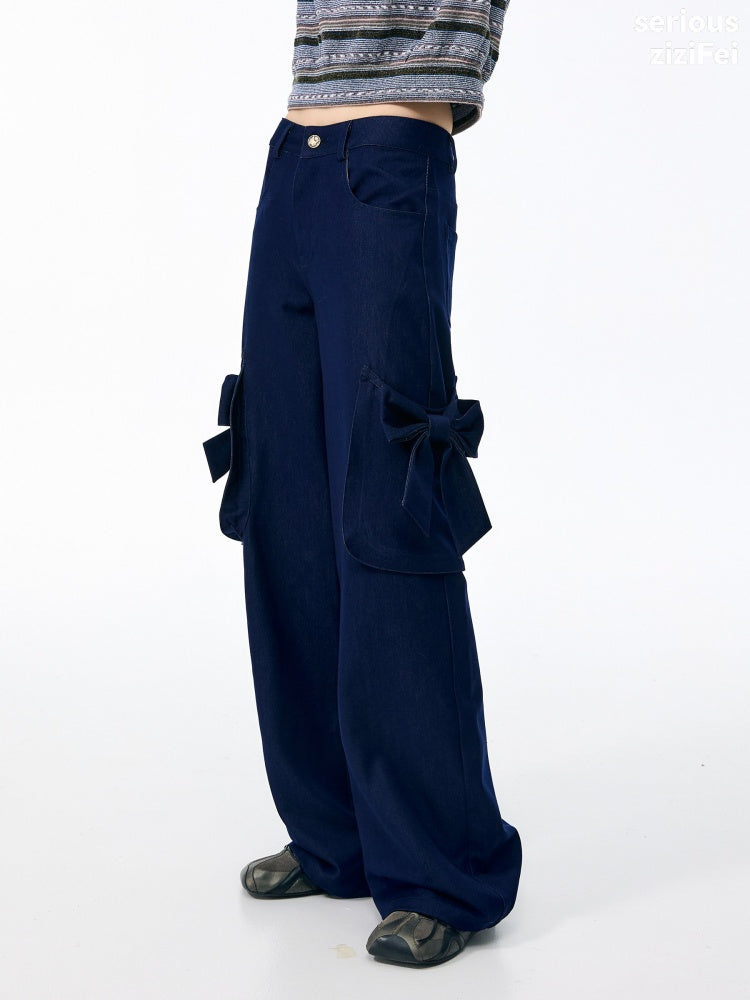 3D Bow Pocket High-waisted Slimming Navy Wide-Leg Workwear Casual Pants【s0000018437】