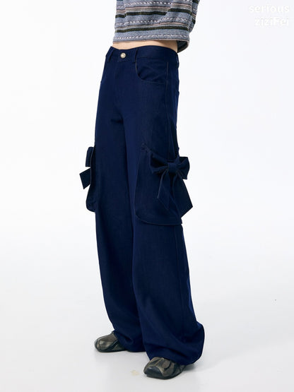 3D Bow Pocket High-waisted Slimming Navy Wide-Leg Workwear Casual Pants【s0000018437】