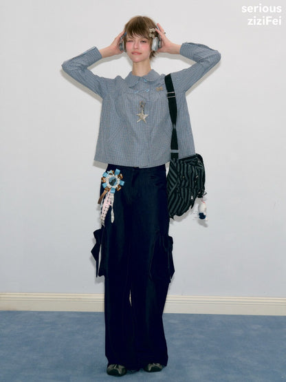 3D Bow Pocket High-waisted Slimming Navy Wide-Leg Workwear Casual Pants【s0000018437】