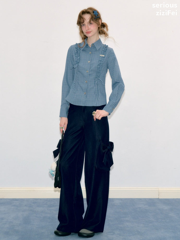3D Bow Pocket High-waisted Slimming Navy Wide-Leg Workwear Casual Pants【s0000018437】