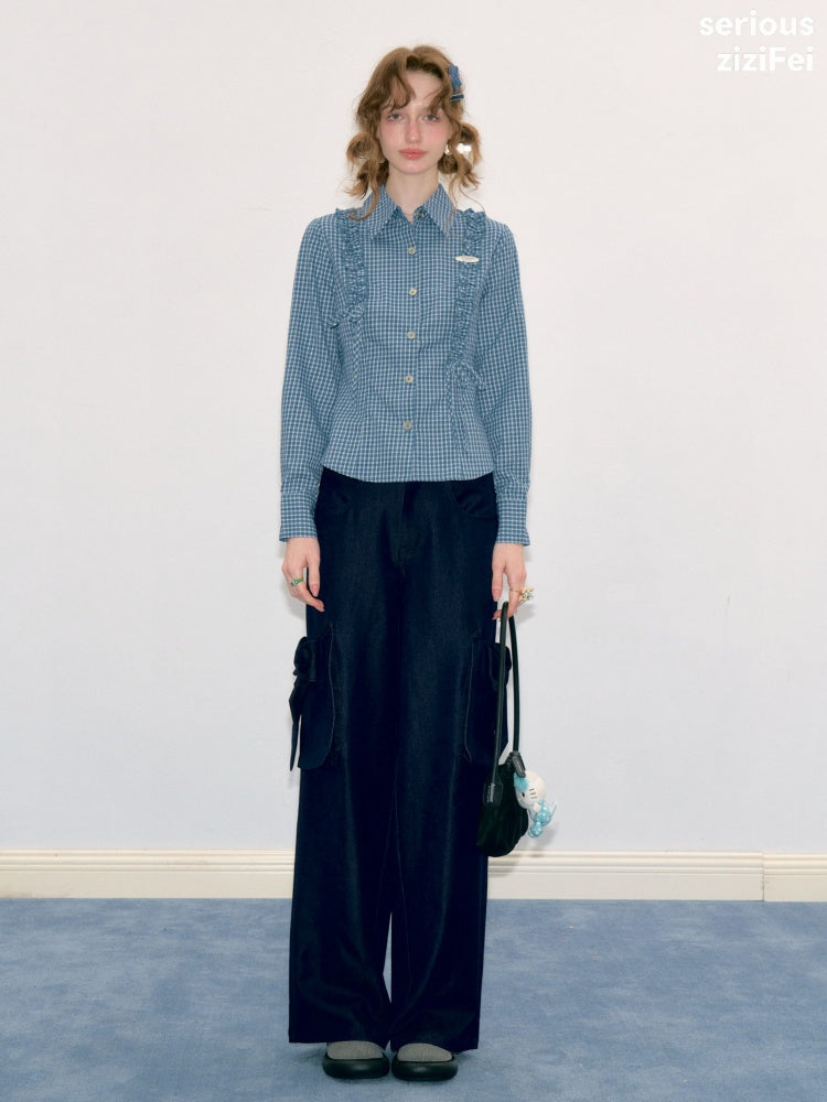 3D Bow Pocket High-waisted Slimming Navy Wide-Leg Workwear Casual Pants【s0000018437】