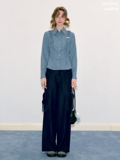 3D Bow Pocket High-waisted Slimming Navy Wide-Leg Workwear Casual Pants【s0000018437】