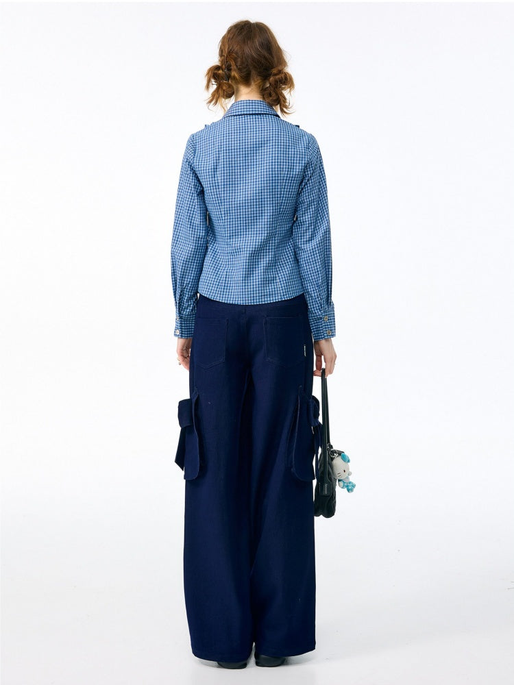 3D Bow Pocket High-waisted Slimming Navy Wide-Leg Workwear Casual Pants【s0000018437】
