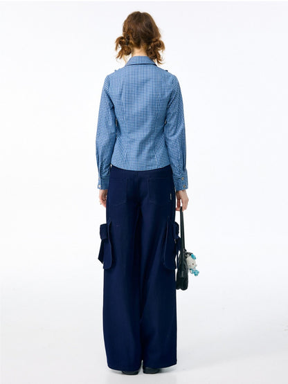 3D Bow Pocket High-waisted Slimming Navy Wide-Leg Workwear Casual Pants【s0000018437】
