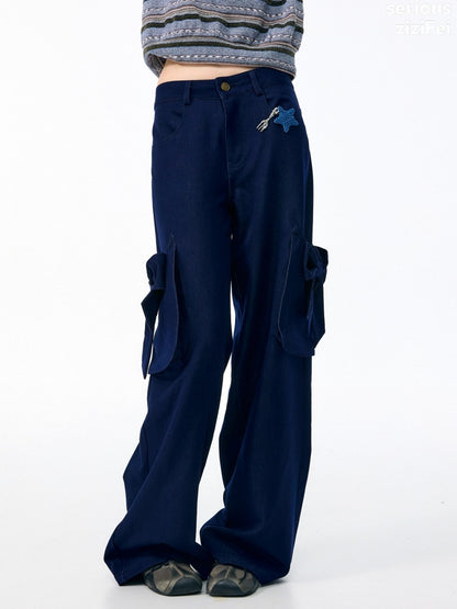 3D Bow Pocket High-waisted Slimming Navy Wide-Leg Workwear Casual Pants【s0000018437】
