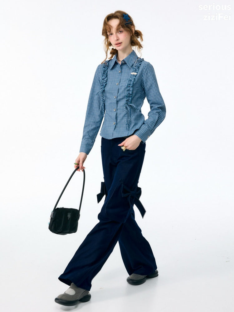 3D Bow Pocket High-waisted Slimming Navy Wide-Leg Workwear Casual Pants【s0000018437】