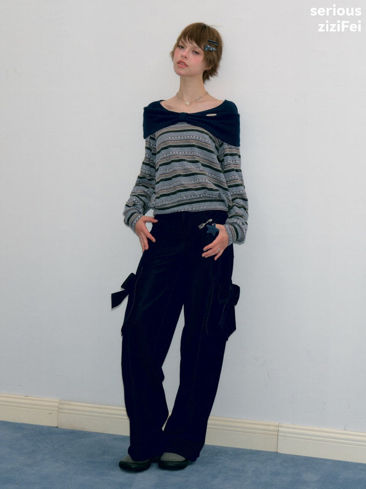 3D Bow Pocket High-waisted Slimming Navy Wide-Leg Workwear Casual Pants【s0000018437】