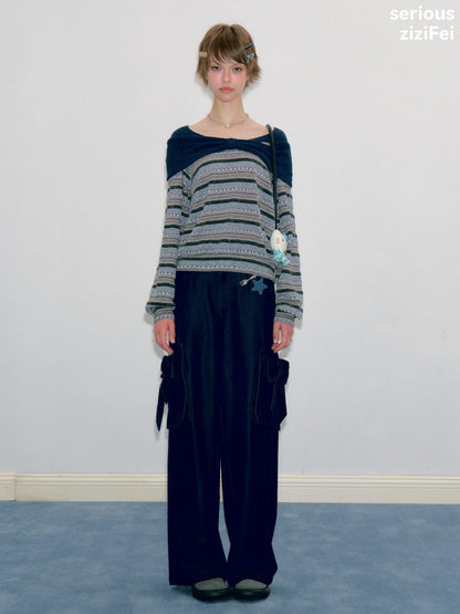 3D Bow Pocket High-waisted Slimming Navy Wide-Leg Workwear Casual Pants【s0000018437】