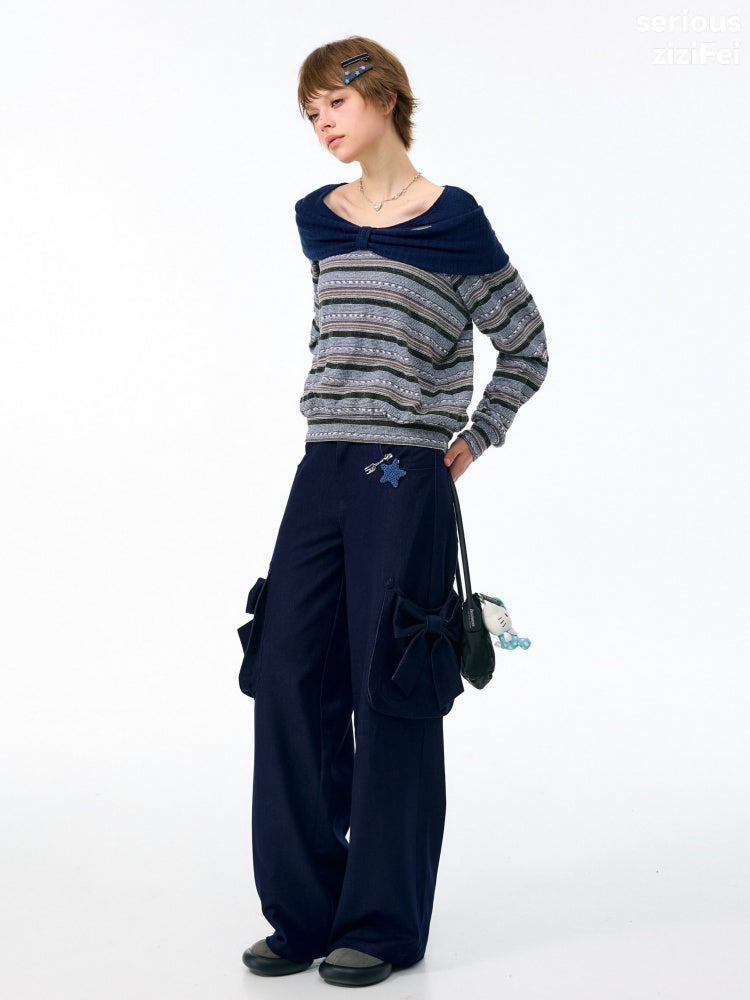 3D Bow Pocket High-waisted Slimming Navy Wide-Leg Workwear Casual Pants【s0000018437】