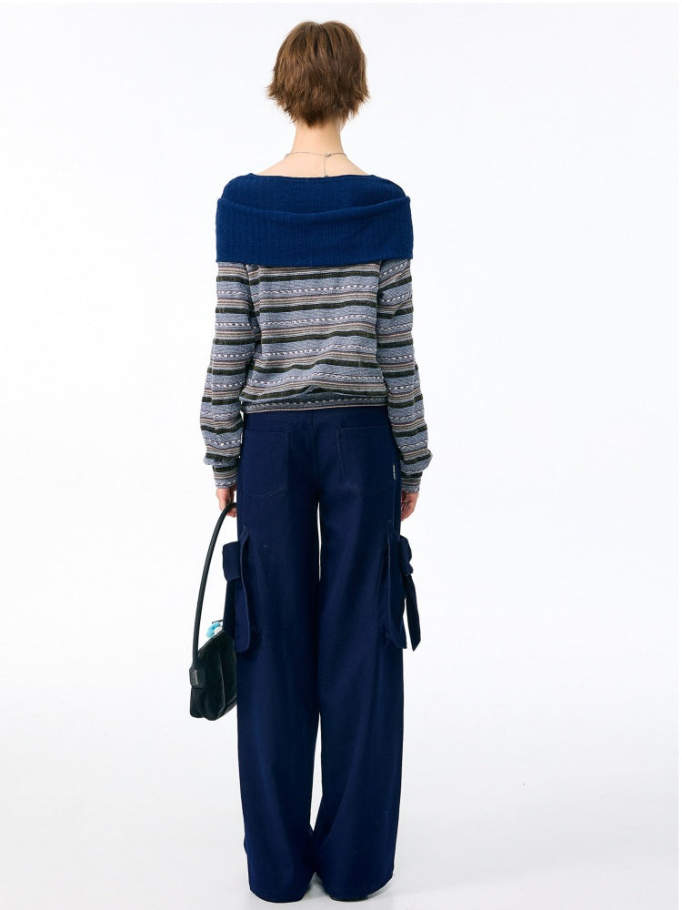 3D Bow Pocket High-waisted Slimming Navy Wide-Leg Workwear Casual Pants【s0000018437】