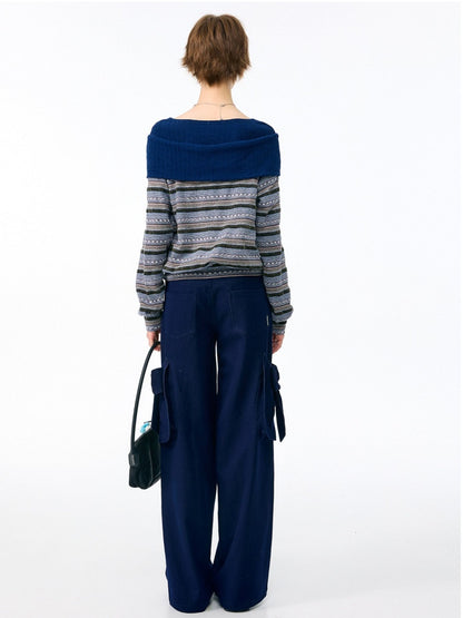 3D Bow Pocket High-waisted Slimming Navy Wide-Leg Workwear Casual Pants【s0000018437】