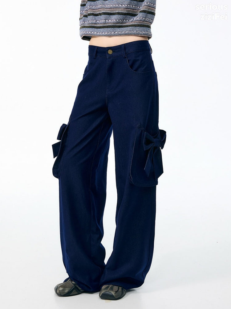 3D Bow Pocket High-waisted Slimming Navy Wide-Leg Workwear Casual Pants【s0000018437】