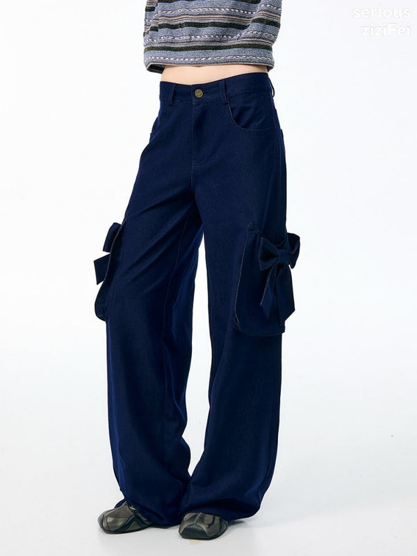 3D Bow Pocket High-waisted Slimming Navy Wide-Leg Workwear Casual Pants【s0000018437】