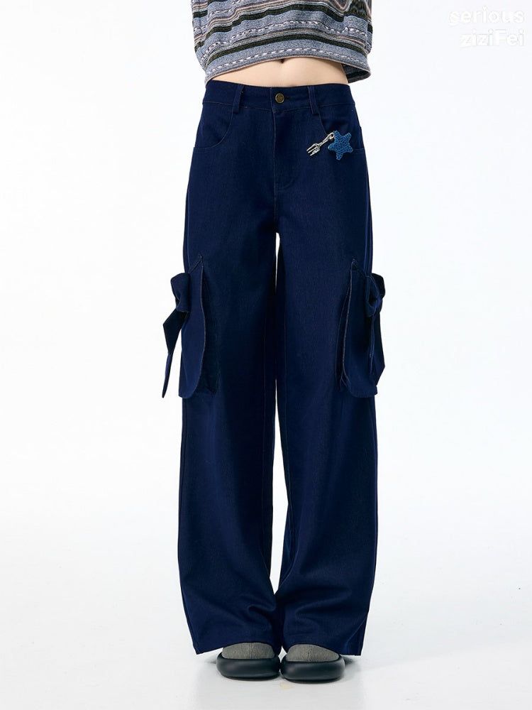 3D Bow Pocket High-waisted Slimming Navy Wide-Leg Workwear Casual Pants【s0000018437】
