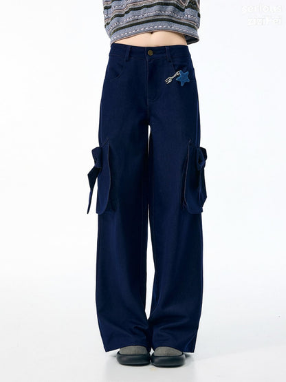 3D Bow Pocket High-waisted Slimming Navy Wide-Leg Workwear Casual Pants【s0000018437】