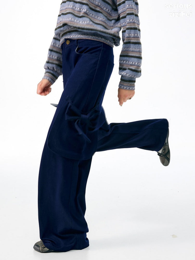 3D Bow Pocket High-waisted Slimming Navy Wide-Leg Workwear Casual Pants【s0000018437】