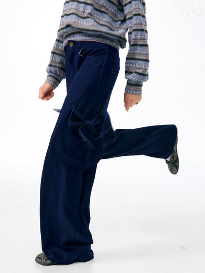 3D Bow Pocket High-waisted Slimming Navy Wide-Leg Workwear Casual Pants【s0000018437】