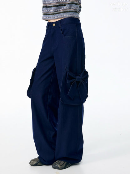 3D Bow Pocket High-waisted Slimming Navy Wide-Leg Workwear Casual Pants【s0000018437】