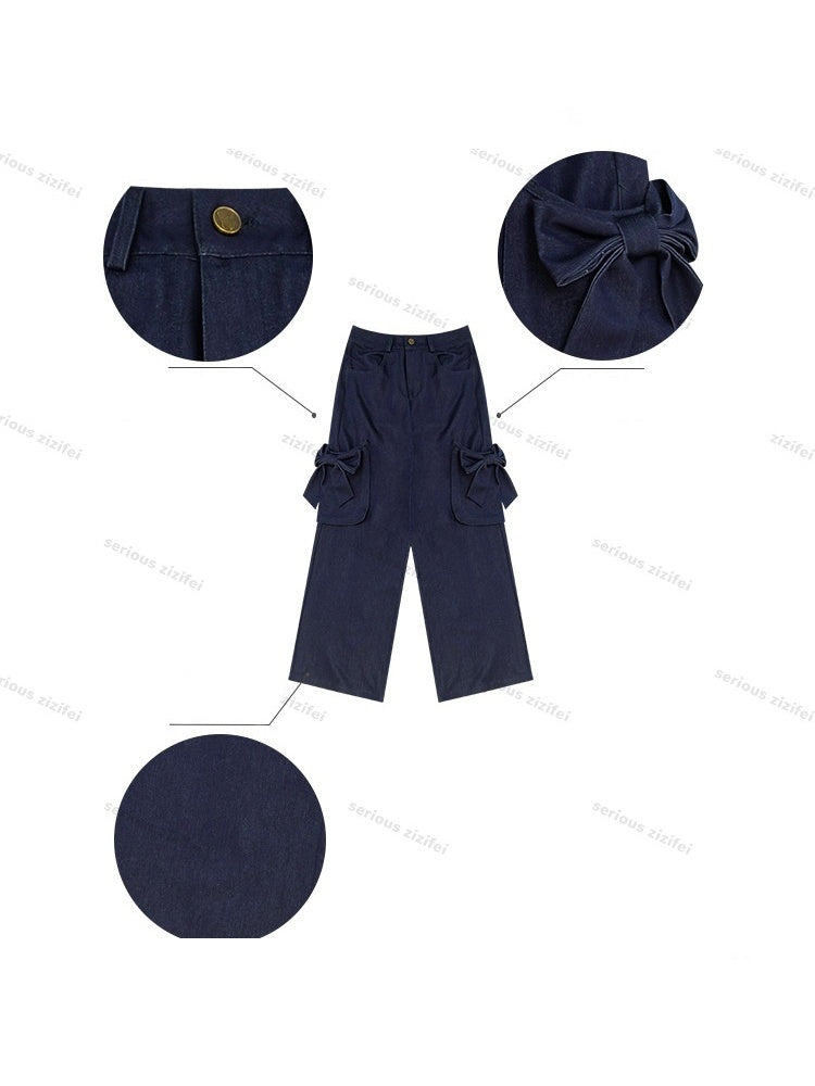 3D Bow Pocket High-waisted Slimming Navy Wide-Leg Workwear Casual Pants【s0000018437】