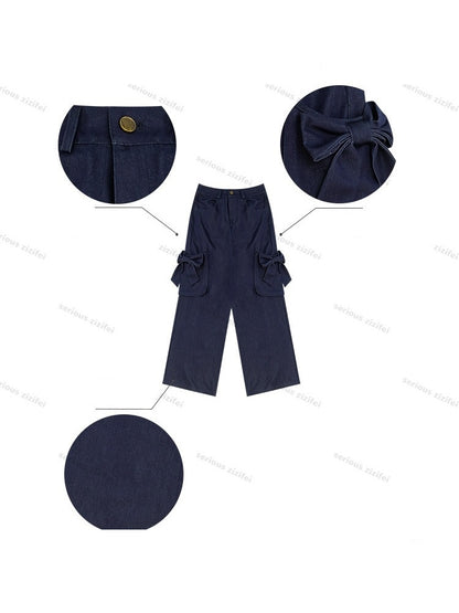 3D Bow Pocket High-waisted Slimming Navy Wide-Leg Workwear Casual Pants【s0000018437】