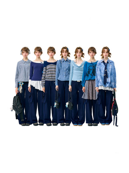 3D Bow Pocket High-waisted Slimming Navy Wide-Leg Workwear Casual Pants【s0000018437】