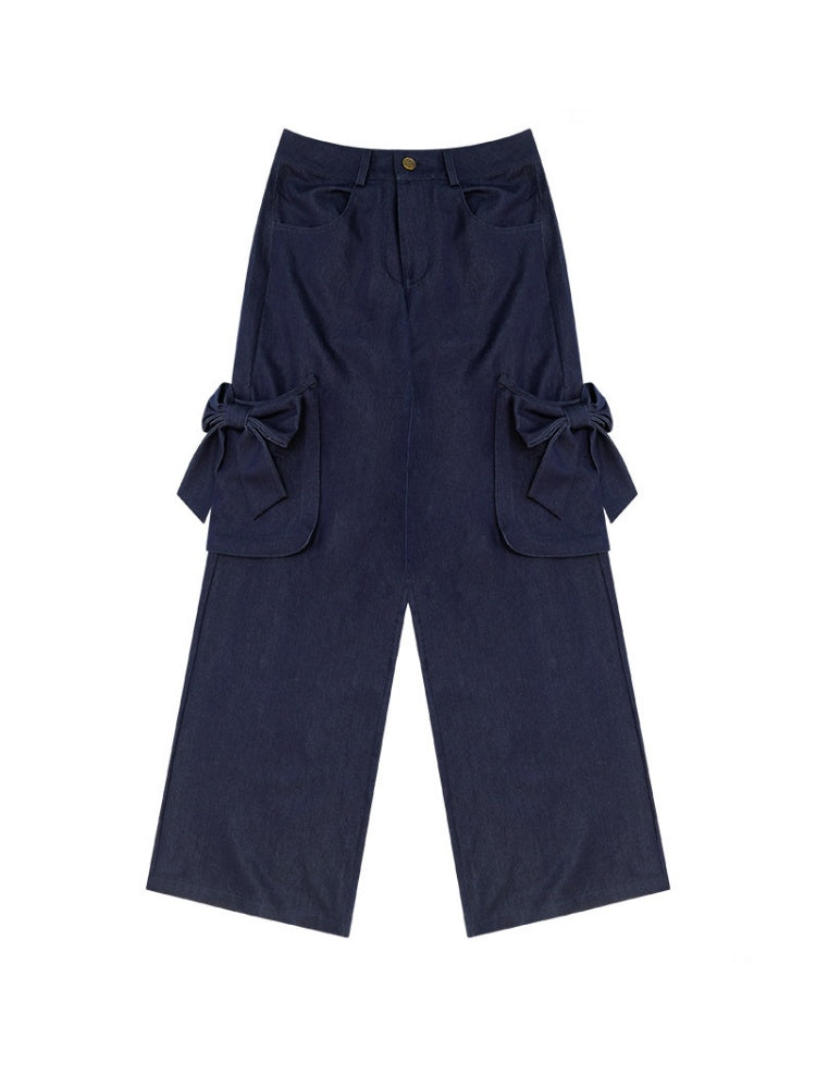 3D Bow Pocket High-waisted Slimming Navy Wide-Leg Workwear Casual Pants【s0000018437】