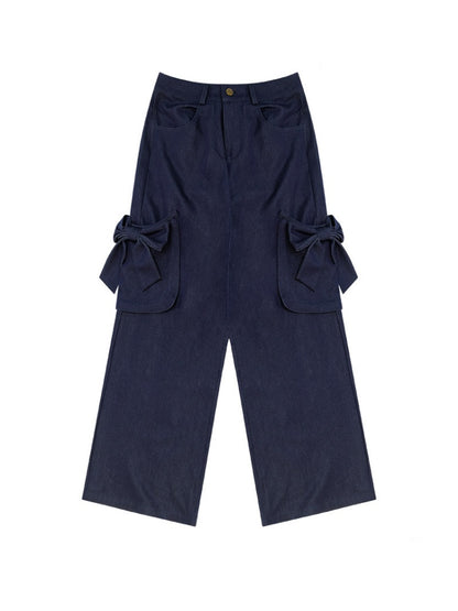 3D Bow Pocket High-waisted Slimming Navy Wide-Leg Workwear Casual Pants【s0000018437】