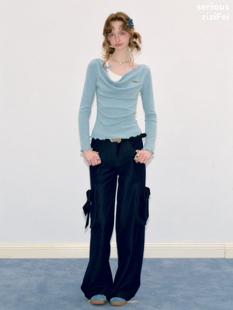 3D Bow Pocket High-waisted Slimming Navy Wide-Leg Workwear Casual Pants【s0000018437】