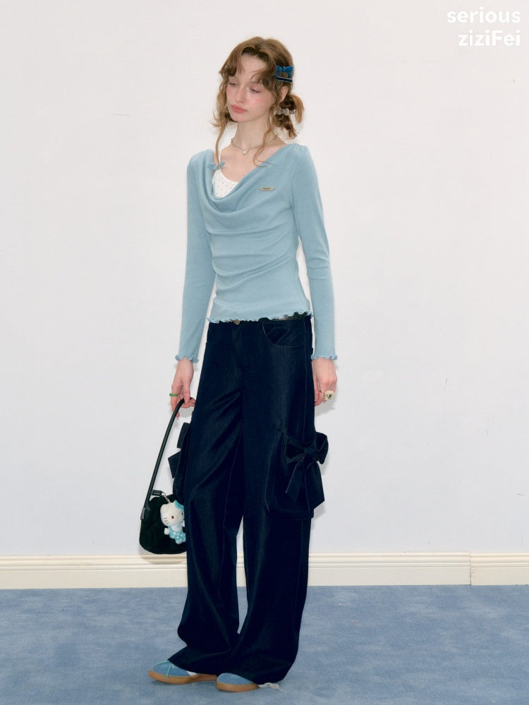 3D Bow Pocket High-waisted Slimming Navy Wide-Leg Workwear Casual Pants【s0000018437】