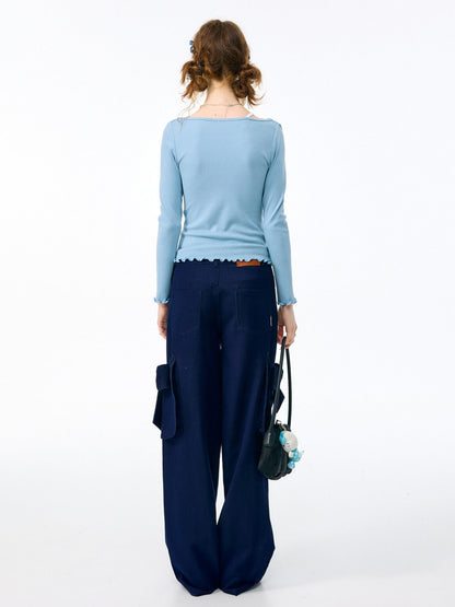 3D Bow Pocket High-waisted Slimming Navy Wide-Leg Workwear Casual Pants【s0000018437】